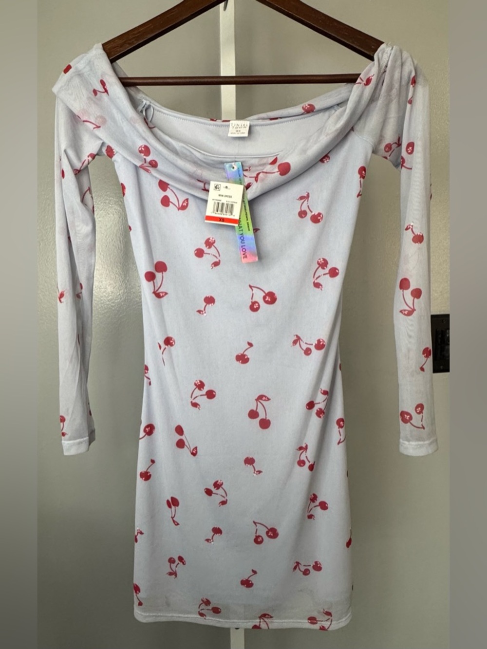 Tinsel Town Cherry Print Mini Dress XS Blue Mesh NWT Y2K